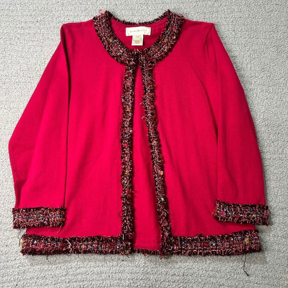 Susan Bristol 2005 VTG Cardigan Tweed Trim Sequin M Pink Excellent Holiday Luxe